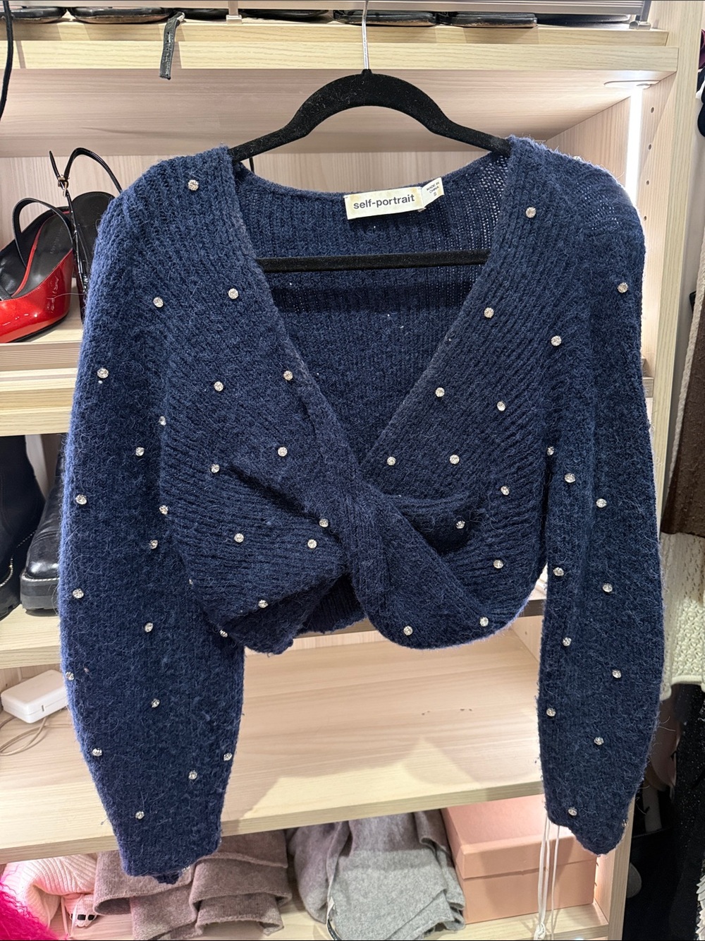 Self-Portrait Navy Embellished Twist Cropped Sweater